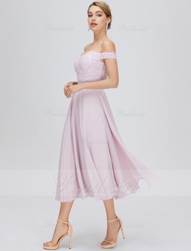 A-line Off-the-shoulder Tea-length Chiffon Homecoming Dress with Lace