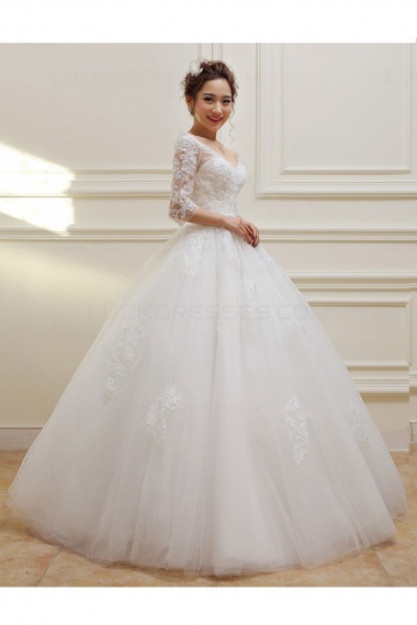 Ball Gown V-neck 3/4 Length Sleeve Tulle Wedding Dress