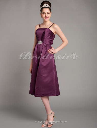 A-line Satin Tea-length Straps Bridesmaid Dress with Removale Straps
