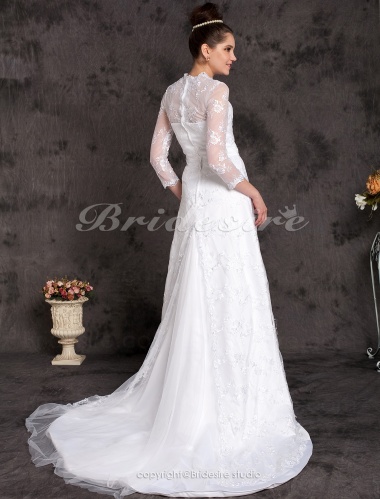 A-line Satin Lace Court Train Jewel Wedding Dress