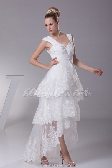 A-line Sweetheart Asymmetrical Tea-length Sleeveless Satin Organza Wedding Dress