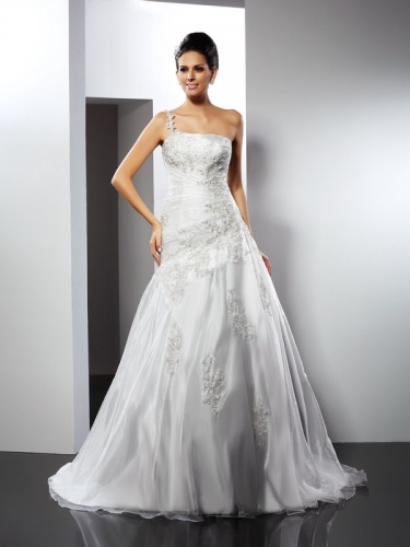 A-line One Shoulder Sleeveless Satin Wedding Dress