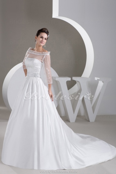 Ball Gown Off-the-shoulder Court Train 3/4 Length Sleeve Satin Tulle Wedding Dress