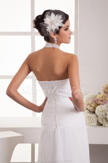 A-line High Neck Floor-length Sweep Train Sleeveless Chiffon Wedding Dress