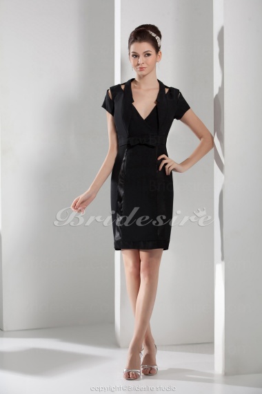 Sheath/Column V-neck Knee-length Short Sleeve Satin Dress