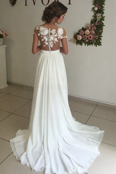 A-line Scoop Short Sleeve Chiffon Wedding Dress