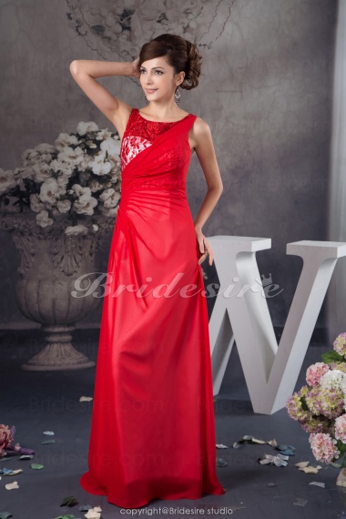 A-line Bateau Floor-length Sleeveless Chiffon Lace Dress