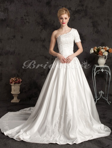 Ball Gown Satin Court Train One Shoulder Wedding Dress
