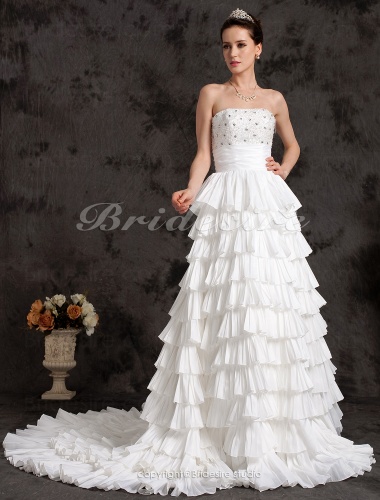 Ball Gown Beading Cascading Ruffles Sashes/Ribbons Strapless Crystal Flower(s) Chapel Train Wedding Dress