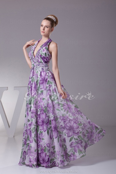 A-line V-neck Halter Floor-length Sleeveless Chiffon Dress