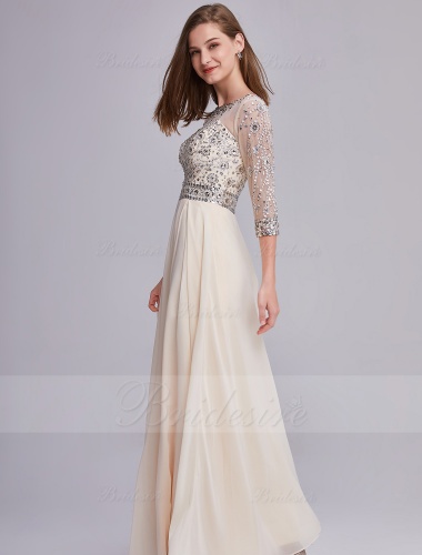 A-line Scoop 3/4 Length Sleeve Chiffon Prom Dress