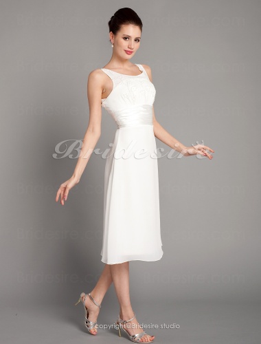 Sheath/ Column Chiffon Tea-length Scoop Wedding Dress