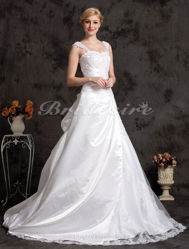 A-line/ Princess Taffeta Lace Court Train Off-the-shoulder Wedding Dress