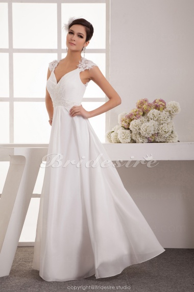 A-line V-neck Floor-length Short Sleeve Chiffon Wedding Dress