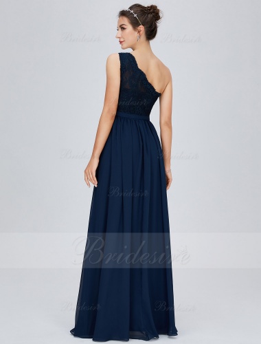A-line One Shoulder Floor-length Chiffon Evening Dress with Split Front