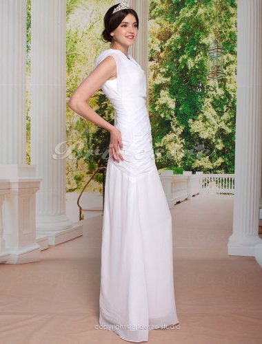 Sheath / Column Side-Draped Floor-length Chiffon Bateau Wedding Dress