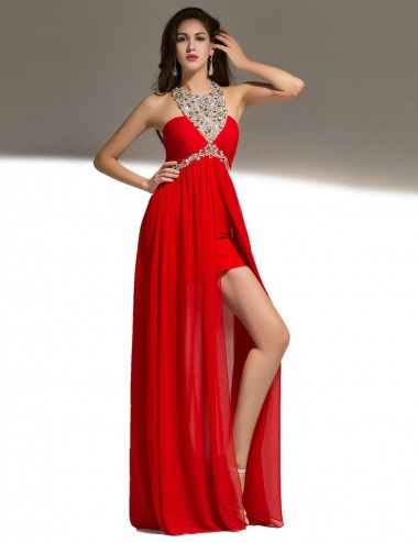 A-line Jewel Floor-length Chiffon Prom Dress