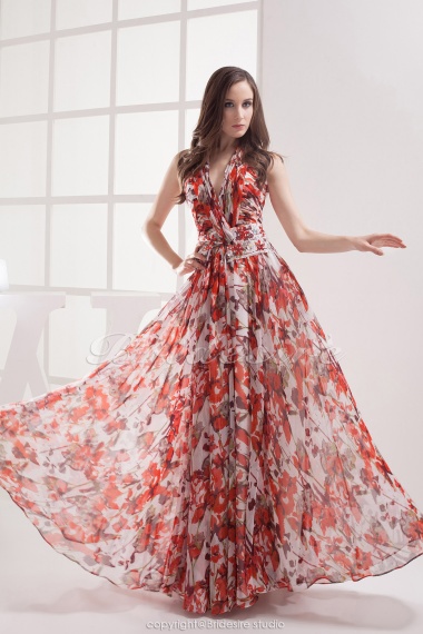 A-line V-neck Floor-length Sleeveless Chiffon Dress