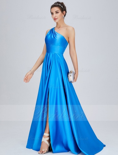 A-line One Shoulder Sleeveless Satin Bridesmaid Dress with Split Front