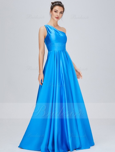 A-line One Shoulder Sleeveless Satin Bridesmaid Dress with Split Front