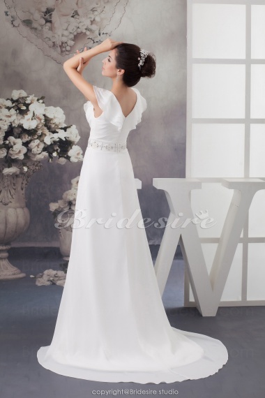 A-line V-neck Court Train Sleeveless Chiffon Wedding Dress