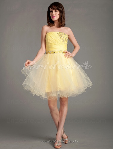 A-line Chiffon And Tulle Short/Mini Strapless Cocktail Dress With Beading And Crystal Detailing