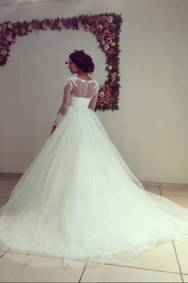 Ball Gown Bateau 3/4 Length Sleeve Tulle Wedding Dress