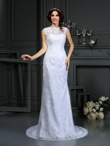 Sheath/Column High Neck Sleeveless Lace Wedding Dress