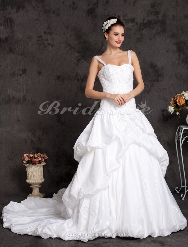 Ball Gown Off-the-shoulder Taffeta Chapel Train Tiered Wedding Dress