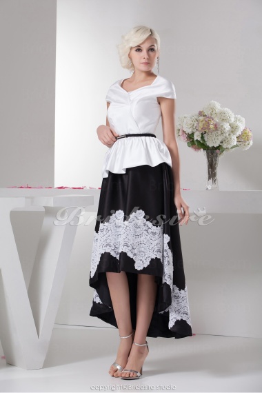 A-line Jewel Knee-length Short Sleeve Satin Dress