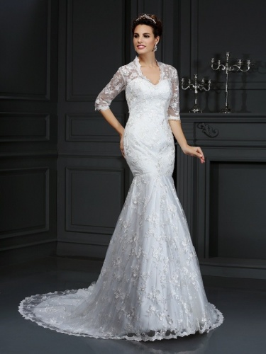Trumpet/Mermaid V-neck Half Sleeve Lace Wedding Dress
