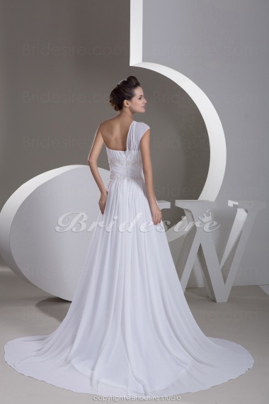 A-line One Shoulder Court Train Sleeveless Chiffon Wedding Dress