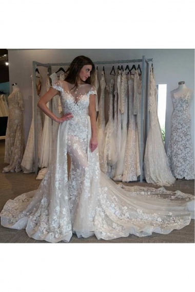 Sheath/Column Bateau Short Sleeve Lace Wedding Dress