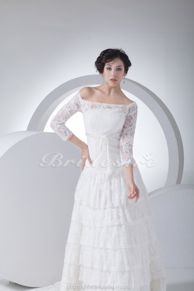 A-line Off-the-shoulder Court Train 3/4 Length Sleeve Lace Wedding Dress