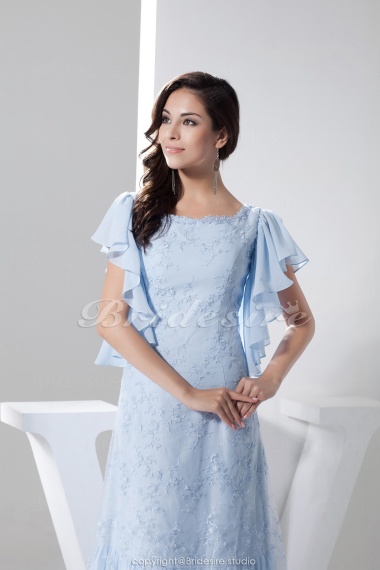 A-line Scoop Floor-length Short Sleeve Chiffon Mother of the Bride Dress