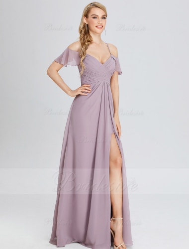 A-line V-neck Floor-length Chiffon Evening Dress with Split Front
