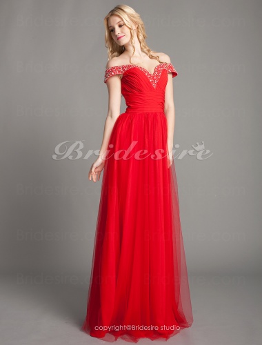 A-line Tulle And Chiffon Floor-length Off-the-shoulder Evening Dress