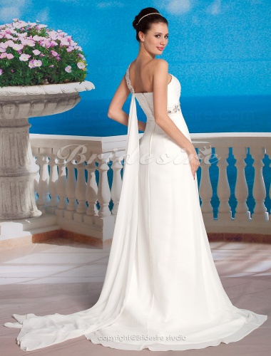 Sheath/ Column Sweetheart Chiffon Sweep / Brush Train One Shoulder Wedding Dress