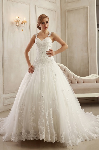 A-line V-neck Court Train Lace Wedding Dress
