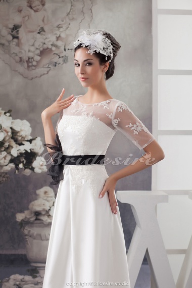 A-line Jewel Floor-length Half Sleeve Satin Wedding Dress