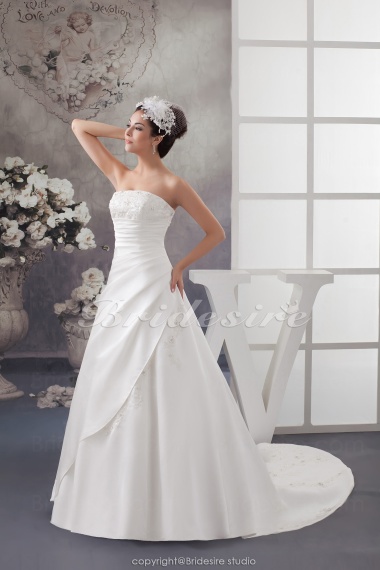 A-line Strapless Chapel Train Sleeveless Satin Wedding Dress