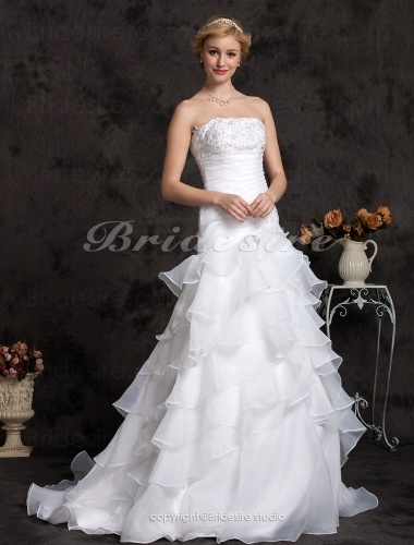 A-line Appliques Strapless Side-Draped Tiered Floor-length Wedding Dress