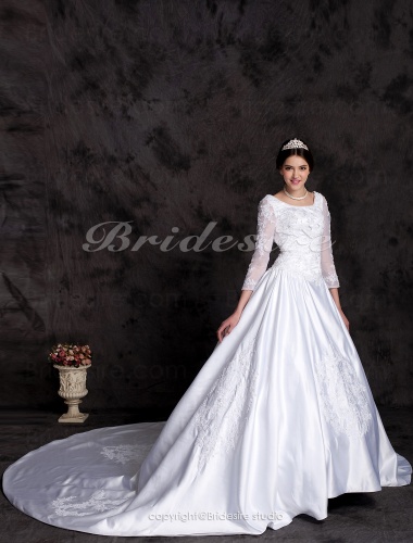 Ball Gown Luxury Cathedral Train Long Sleeves Wedding Dress With Beaded Appliques