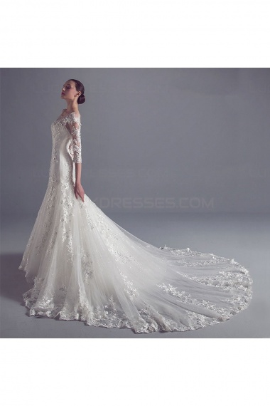 Trumpet/Mermaid Scoop 3/4 Length Sleeve Lace Wedding Dress