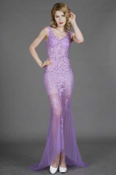 Sheath/Columnn V-neck Asymmetrical Lace Evening Dress