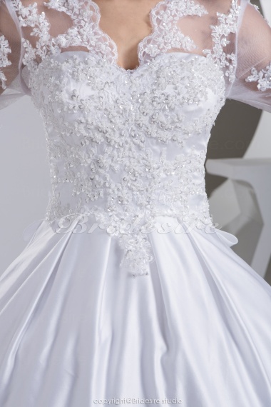 Ball Gown V-neck Chapel Train Long Sleeve Taffeta Lace Wedding Dress
