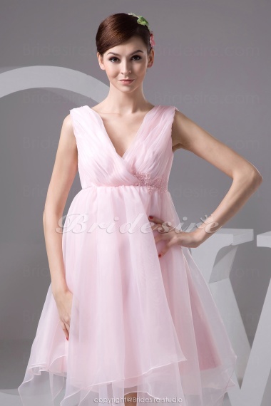 A-line V-neck Tea-length Sleeveless Organza Dress
