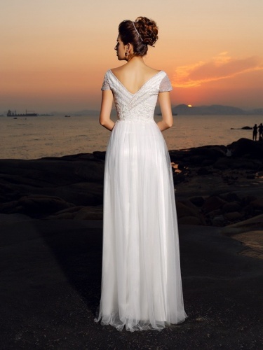 A-line V-neck Short Sleeve Tulle Wedding Dress