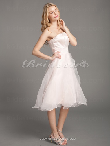 A-line Organza Over Satin Knee-length Strapless Bridesmaid/ Wedding Party Dress