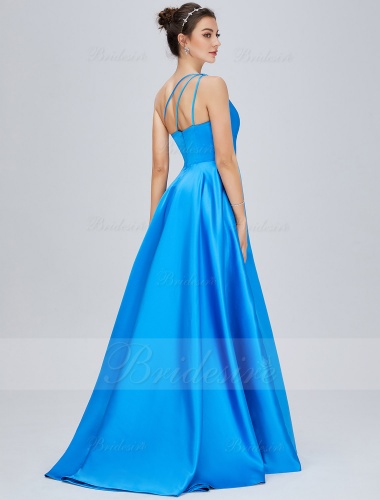 A-line One Shoulder Sleeveless Satin Prom Dress with Split Front